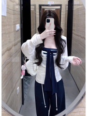 叠穿条纹抹胸上衣防晒罩衫阔脚裤三件套女秋夏装感巨好看套装