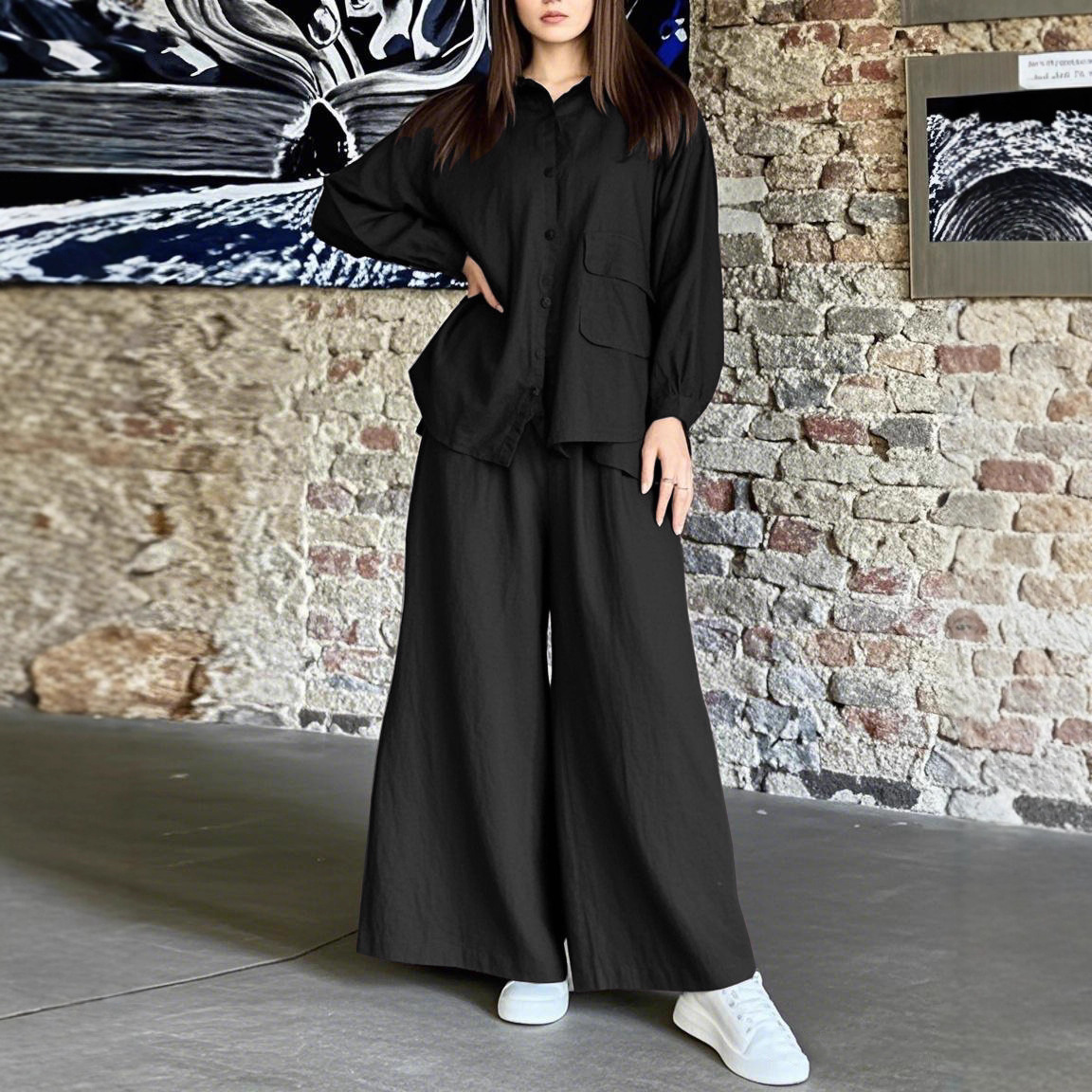 Set van oversized katoenen shirt en wijde broek – Euro-Amerikaanse vintage minimalistische outfit (S-5XL, 7 kleuren, essentieel voor werk en weekend)_voghion.com