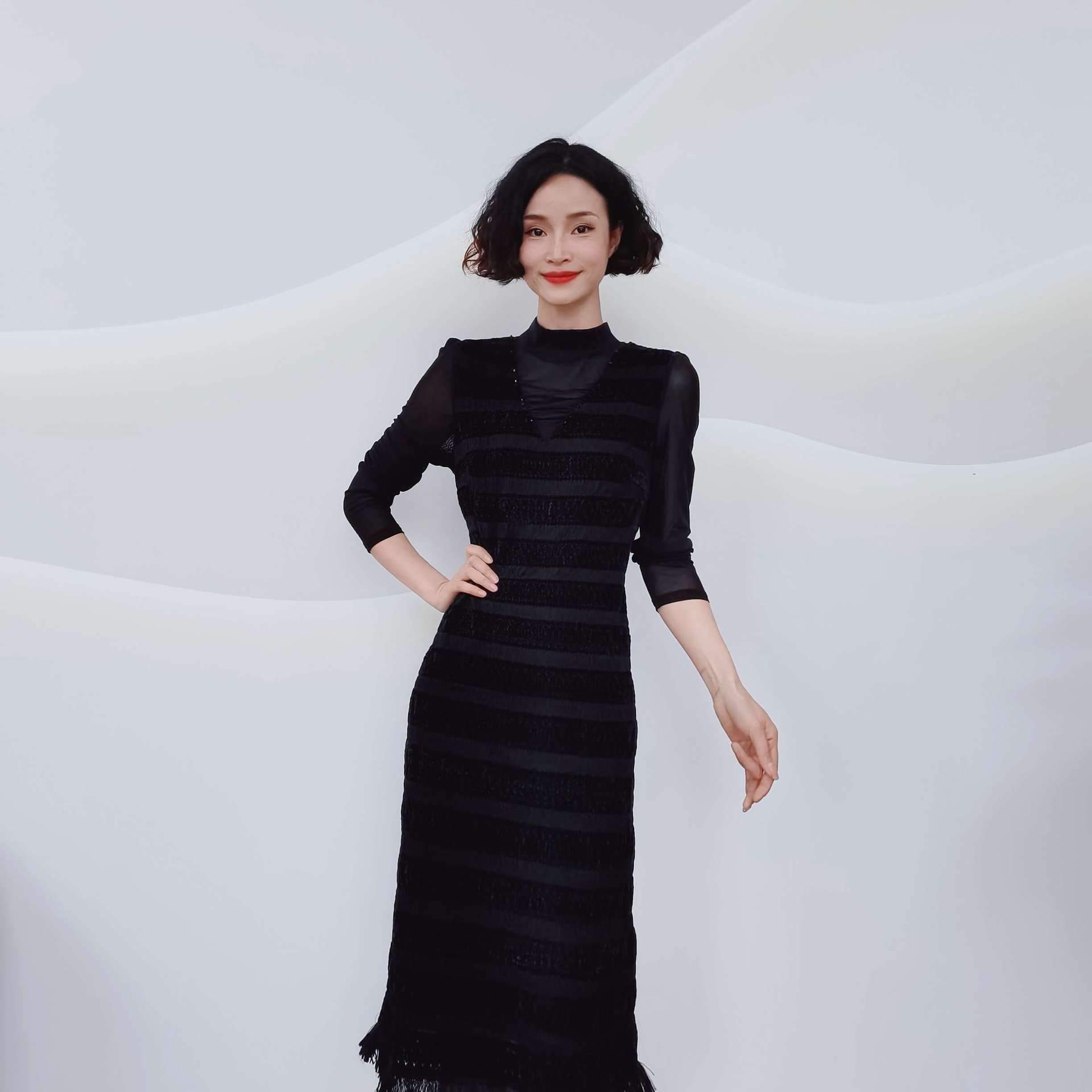 6115 Spring and Autumn Fashionable and Elegant Half-High Collar Mesh Patchwork Mid-Length Slimming Dress