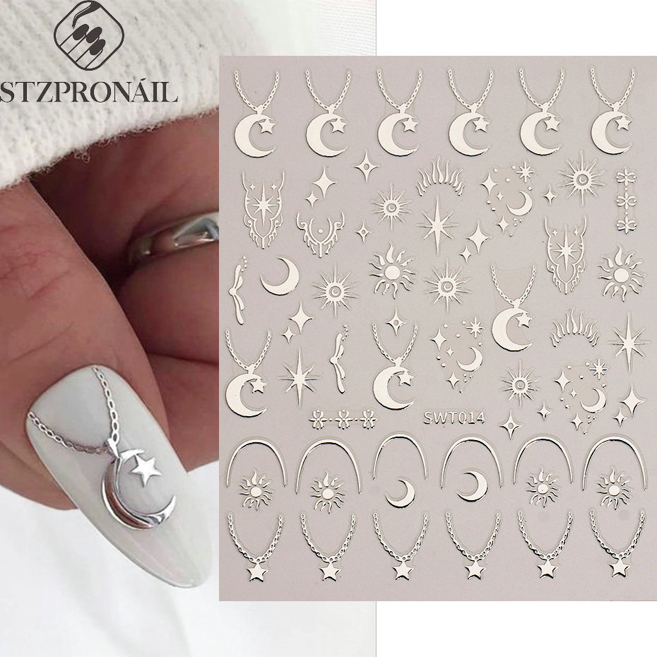 Nuevo estampado de plata pegatinas de uñas ins estilo estrella Luna amor collar de bloqueo pluma sensación de metal dorado pegatinas de uñas transfronterizas