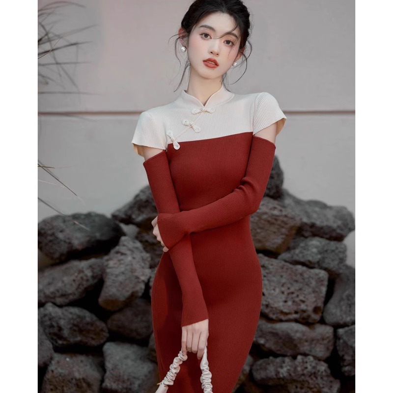 1950新中式针织连衣裙女秋冬新款红色高级感显瘦小香风气质长裙