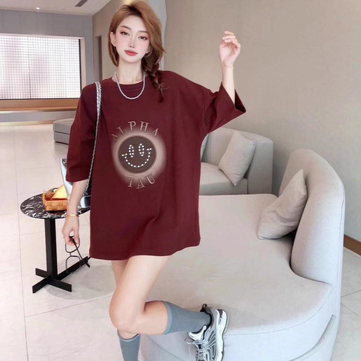 欧货冬季新款中长版磨毛短袖t恤女大尺码宽松圆领加厚内搭打底衫