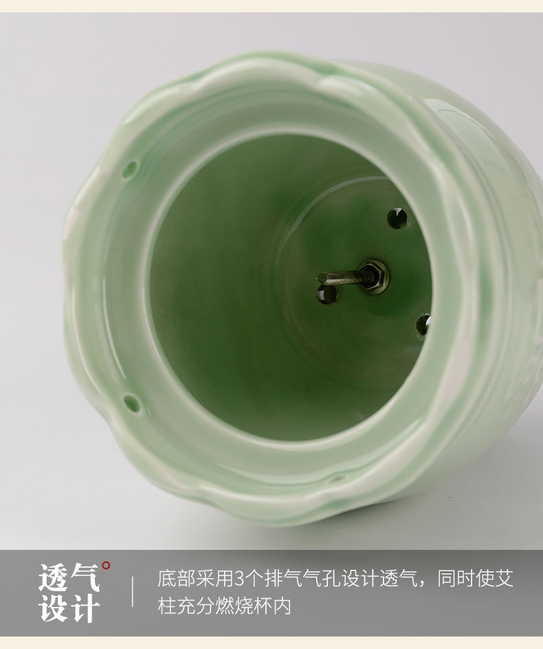 Ceramic Moxa Cup Ai Zhong Tang Moxibustion Jar with Gua Sha Neck Massage and Meridian Care Green Lotus Design specifications