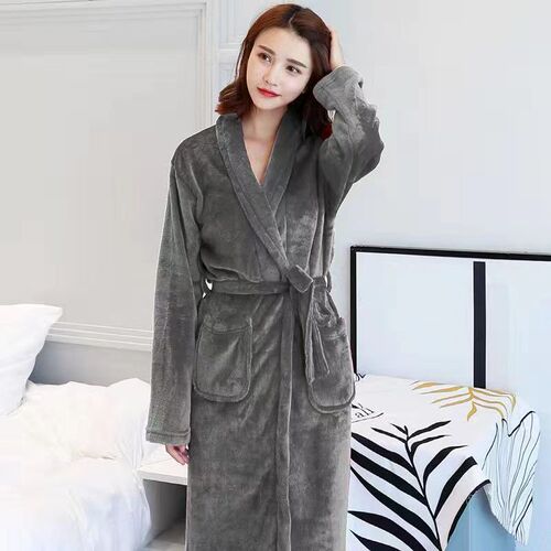 Spring and Autumn Leisure Coral Velvet Bath Robe, Winter Flannel Pajama Robe, Long Sleeve, Short Sleeve, Extended Length Home Wear