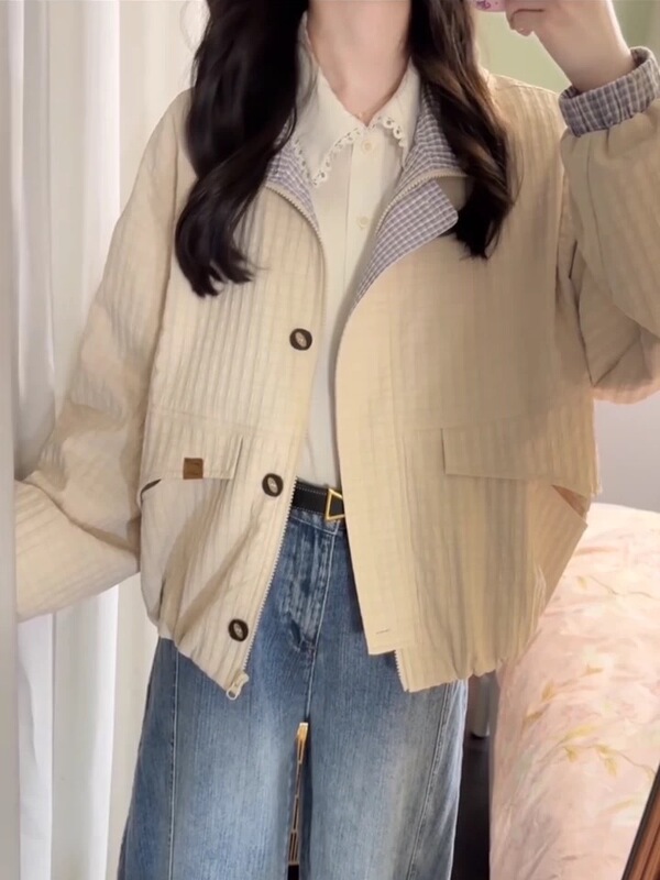 早秋日系短款夹克外套女款秋2025新款小个子休闲立领格纹撞色上衣|undefined