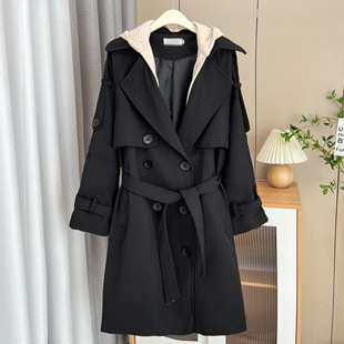 Early Spring 110kg Fat Sister Fashionable Long Hooded Belt Windbreaker Plus Size Women's Slim 100kg Jacket 2144