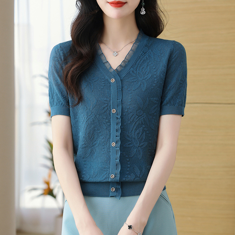 夏服 2025 新しいママスタイル半袖トップ薄いアイスシルクセーター V ネック半袖女性の Tシャツ|undefined