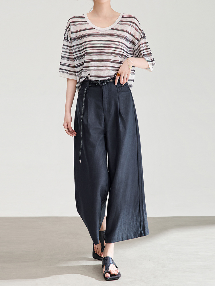 Quần culottes nữ ống rộng chất liệu linen phối sợi tencel, cạp cao dáng suông, mặc mùa hè thoáng mát — Xanh lông mòng đen