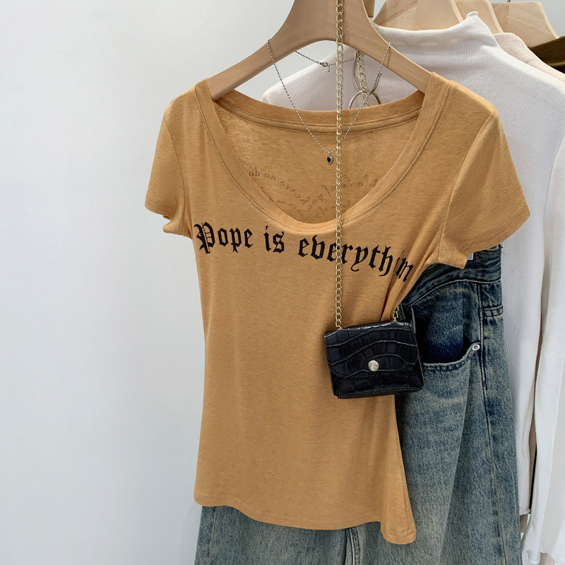 Real Shot of Lyocell Tencel Wool American Retro Letter Print Short-Sleeve T-Shirt for Women, 2026 New Style Spicy Girl Top