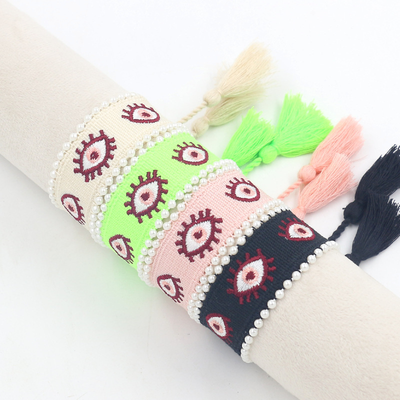Cross-Border Exclusive Supply of Fashionable Handmade Pearl Braided Bracelets, Embroidered Devil's Eye Ribbons, Tassel Braided Bracelets Wholesale