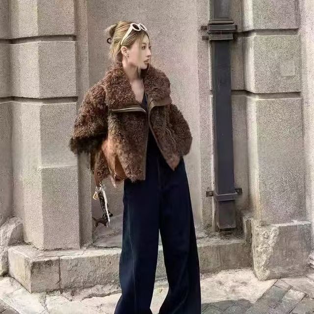 Lapel Brown Fur Outwear Lamb Outwear Winter 2025 Environmentally Friendly Fur Teddy Bear Top Outwear Furry Style
