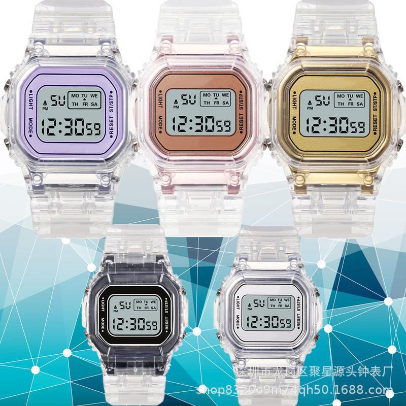 Popular serie de deportes populares en línea transparente pequeño cuadrado ins reloj electrónico mujer estudiante impermeable reloj led
