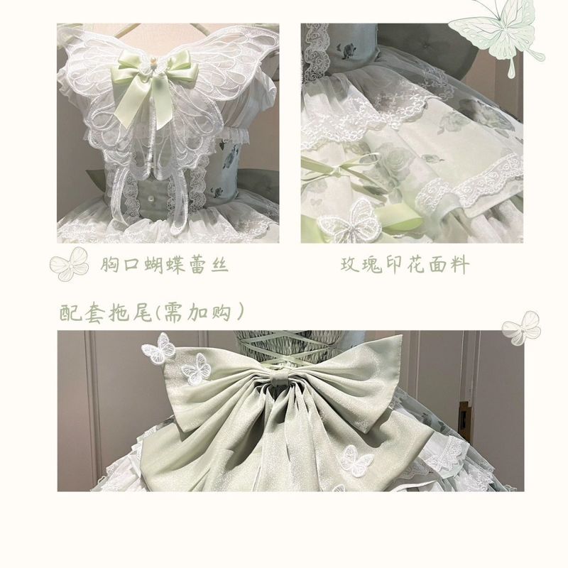花期之约白绿蝴蝶夏日感超仙礼服小清新公主少女生日短裙|undefined