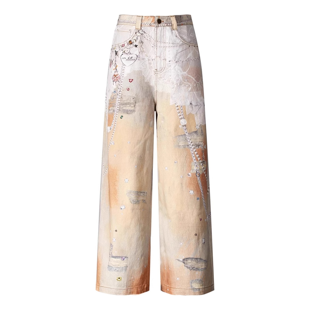 "Orangefarbene Jeans mit Vintage-Kettenprint für Damen – Dopamine Dressing – Weite Jeanshose mit 3D-Prägung und Retro-Vibe"_voghion.com