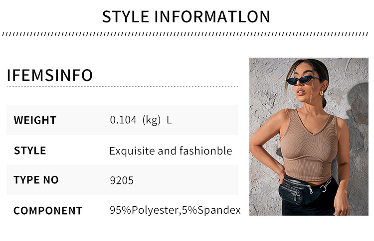 Dames mouwloos ribvest, kort T-shirtblouse, damesbuistop, strak vest met V-hals_voghion.com