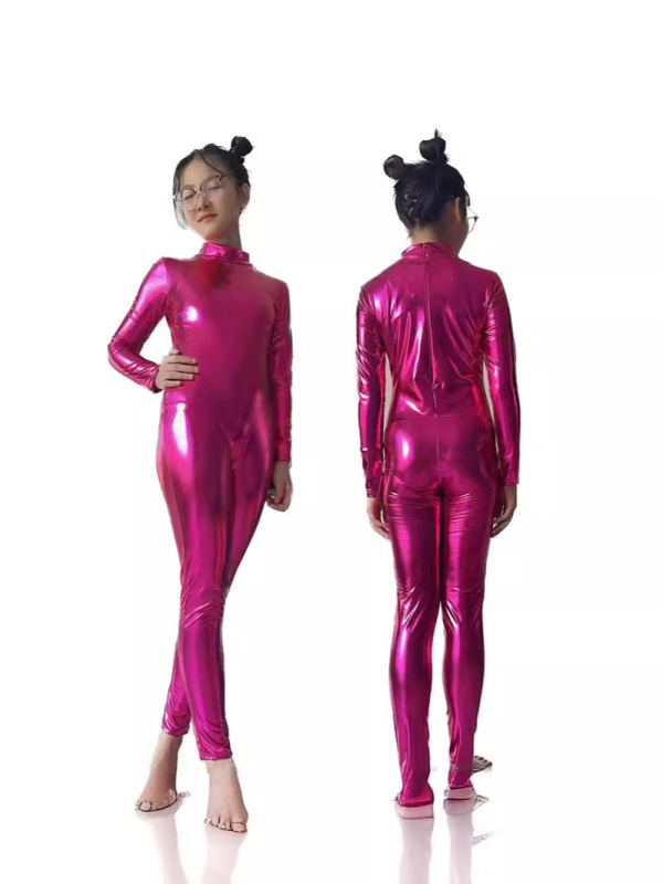 ハロウィーンの子供は金にアイロンをかけてレオタードを塗って頭のないゴムの服の全身の舞台の演技服のアマゾンの服を現します。|undefined