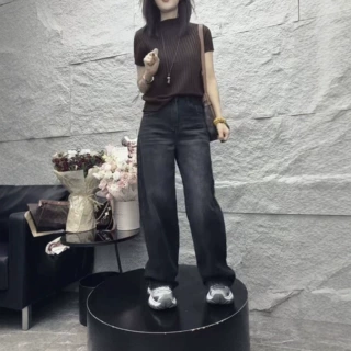 26629新大爱美依缘2026秋季新款百搭短袖针织衫复古水洗牛仔裤女