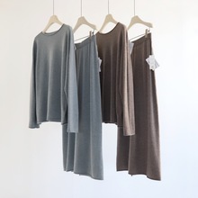 极简慵懒知性针织两件套女羊毛羊绒套头上衣+高腰开叉半裙秋冬