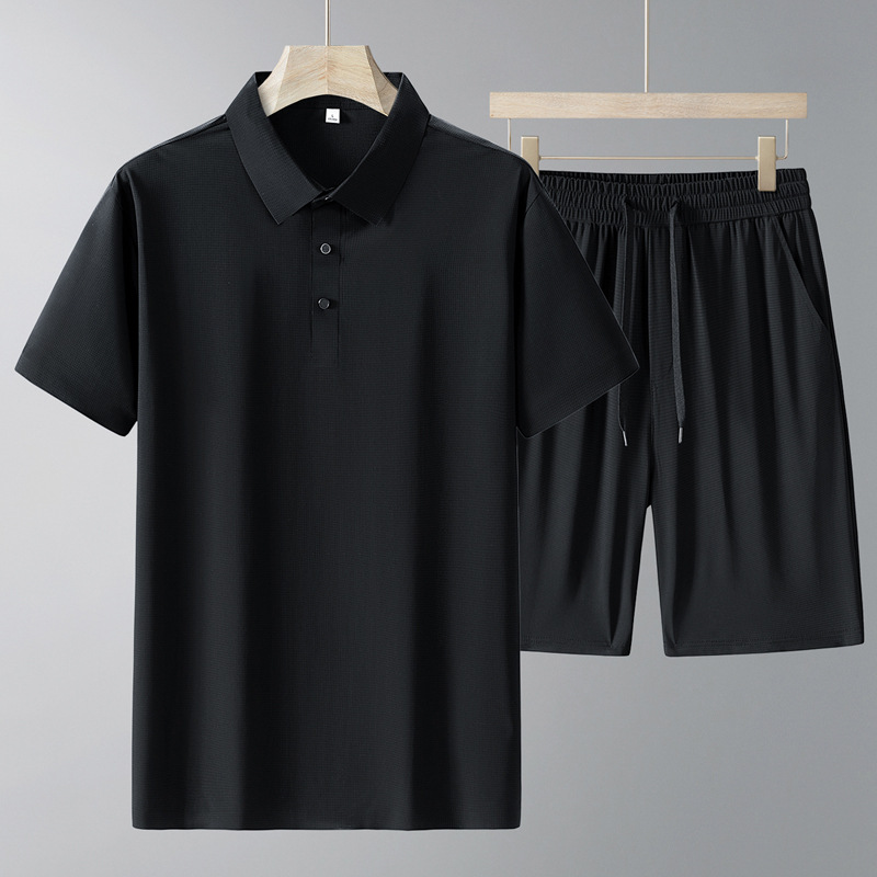 Papa set de pantalones cortos de verano de hielo de alta calidad elástico delgado de manga corta de mediana edad deportiva polo casual dos piezas set