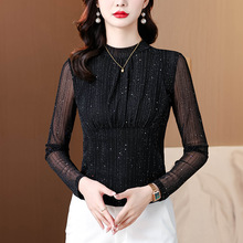 2025春季新款烫金亮丝内搭中年女士高领蕾丝上衣打底衫