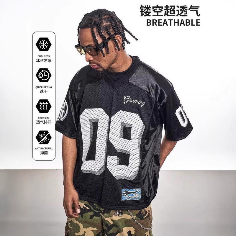 Trendy Sports Jersey Retro T-Shirt Men's 2025 Summer New Loose American Style Rugby Uniform Short-Sleeved Top