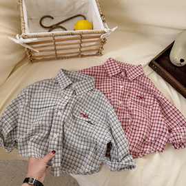时尚儿童长袖衬衫秋季男童翻领上衣中小童格子衬衣潮流休闲开衫潮