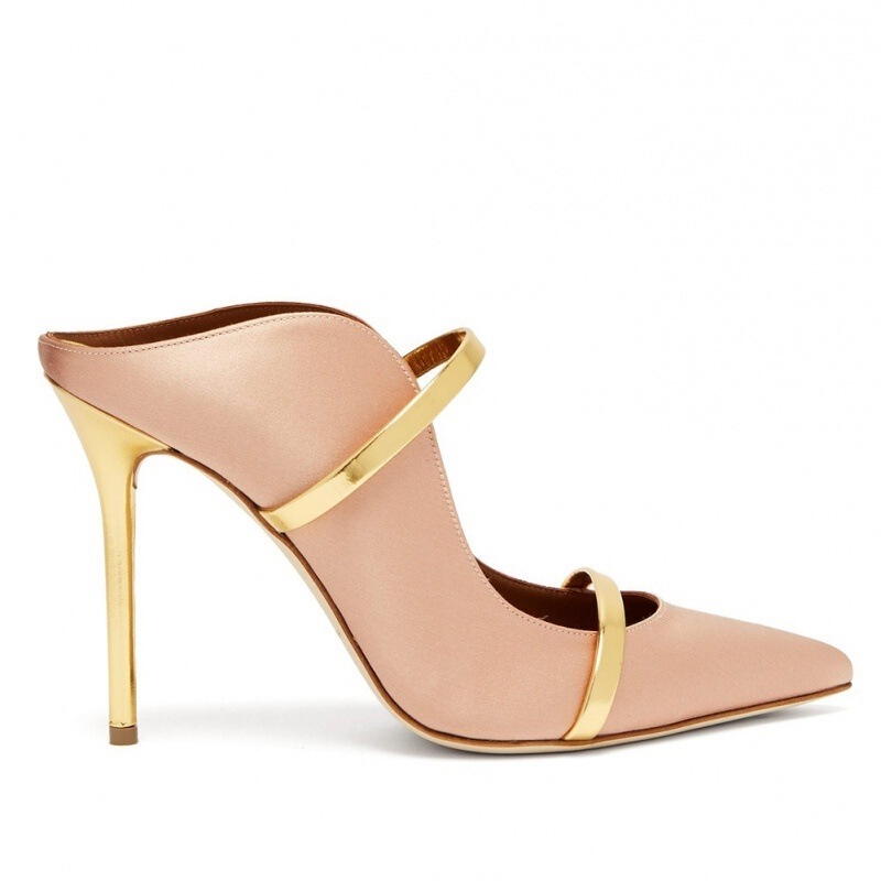 Nude Gold and Black Thin High-Heeled Pointed-Toe Large Size Mules for Export, Suitable for Parties and Fashion Events Nude Gold and Black Thin High-Heeled Pointed-Toe Large Size Mules for Export, Suitable for Parties and Fashion Events