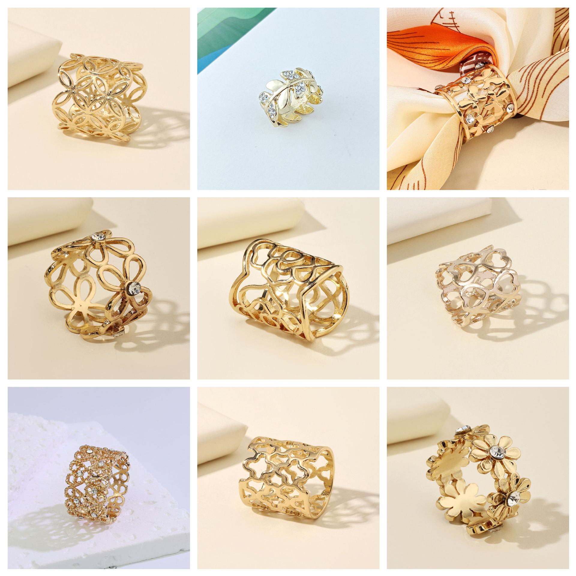 2025 Cross-Border New Silk Scarf Buckle Lace Cut Out Square Scarf Buckle Women's High-End Buckle Versatile Clothing Accessories