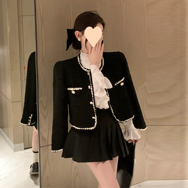 Демисезонная ретро черная куртка, французский стиль, стиль Chanel, увеличенная толщина