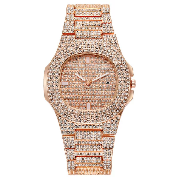 European and American Hip-Hop Star-Studded Fashion Watches for Men and Women, Men's Square Large Gold Watch, Trendy Steel Band Quartz Watch with Large Dial