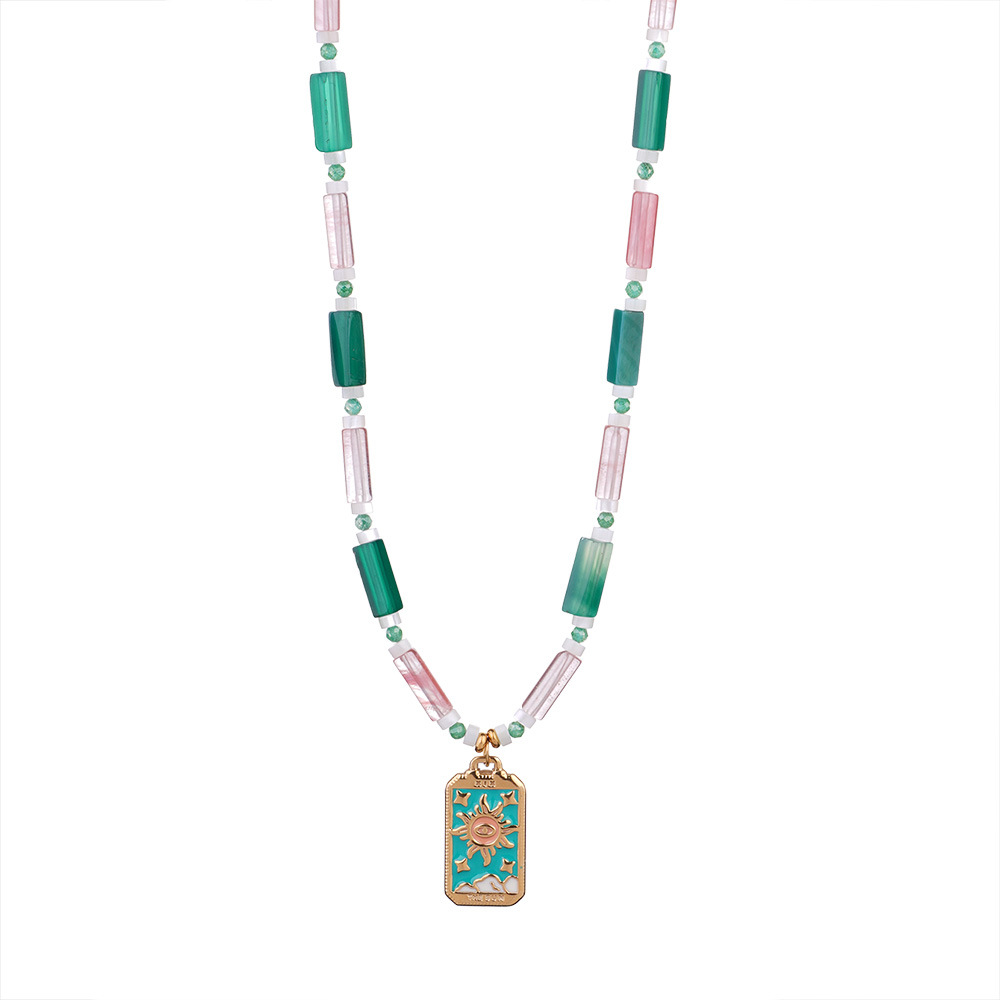 natural stone, Titanium Steel Material Natural Stone Titanium Steel Beaded Chain Enamel Geometric Sun Heart Shape Pendant Necklace