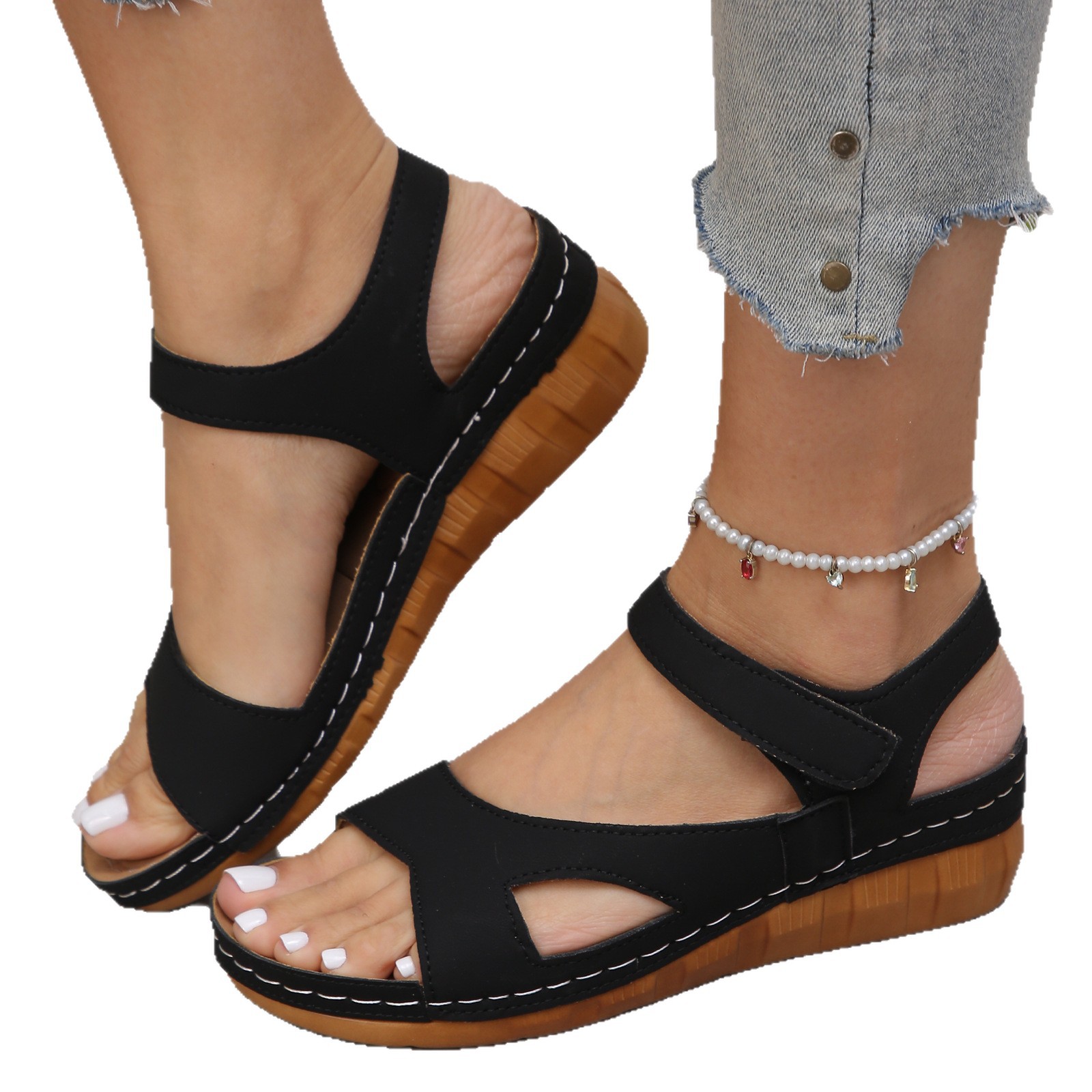 Comercio exterior 2026 sandalias nuevas flores de estilo de moda independiente de alto tamaño zapatos de mujer de tacones altos cinturón mágico ligero