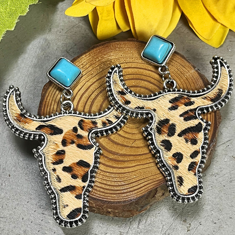1 Pair Ethnic Style Bull Head Alloy Leather Inlay Turquoise Womenu0027S Drop Earrings
