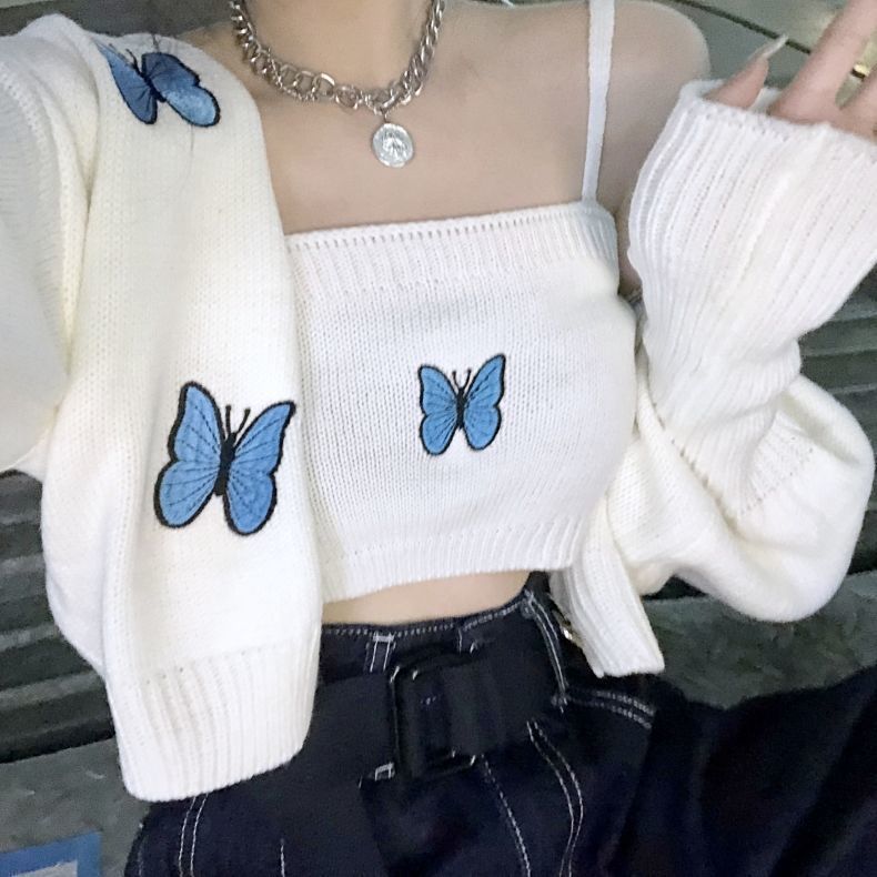 Autumn New Korean Style College Style Butterfly Embroidery Princess Sleeves Short Suspenders ➕ Women's Sweater Cardigan Two Piece Set