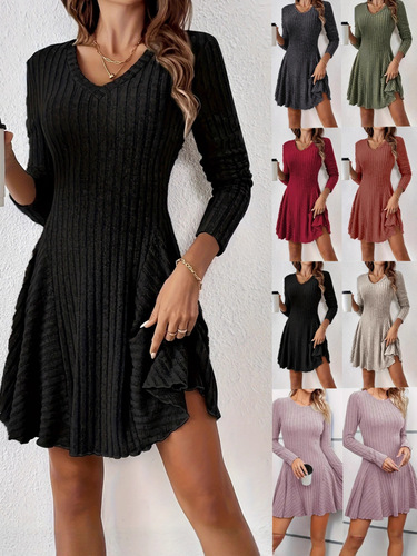Cozy A-line Dress for Autumn/Winter Fashion, Long Sleeve Knit, Trendy Outerwear Style
