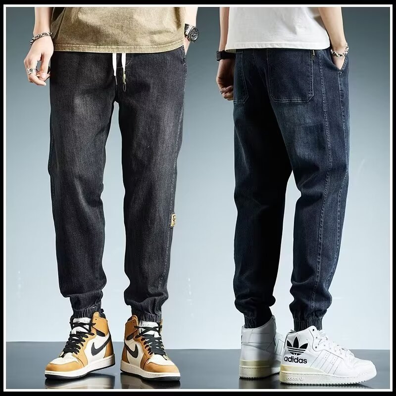 2024 primavera y otoño pantalones vaqueros de cintura elástica todo fósforo para hombres, pantalones de pierna ancha rectos sueltos para adolescentes de la calle principal