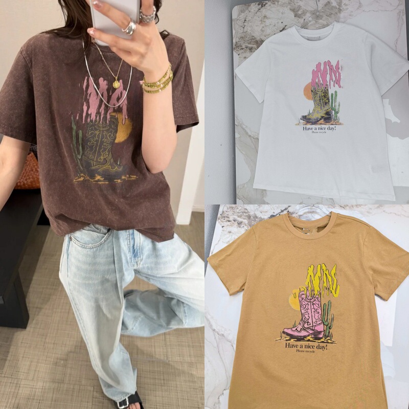 26 New Style T-Shirts, Pure Cotton, Cross-Border Boot Print, Vintage T-Shirt for Women, Casual Fruit Pattern, Loose and Versatile Top
