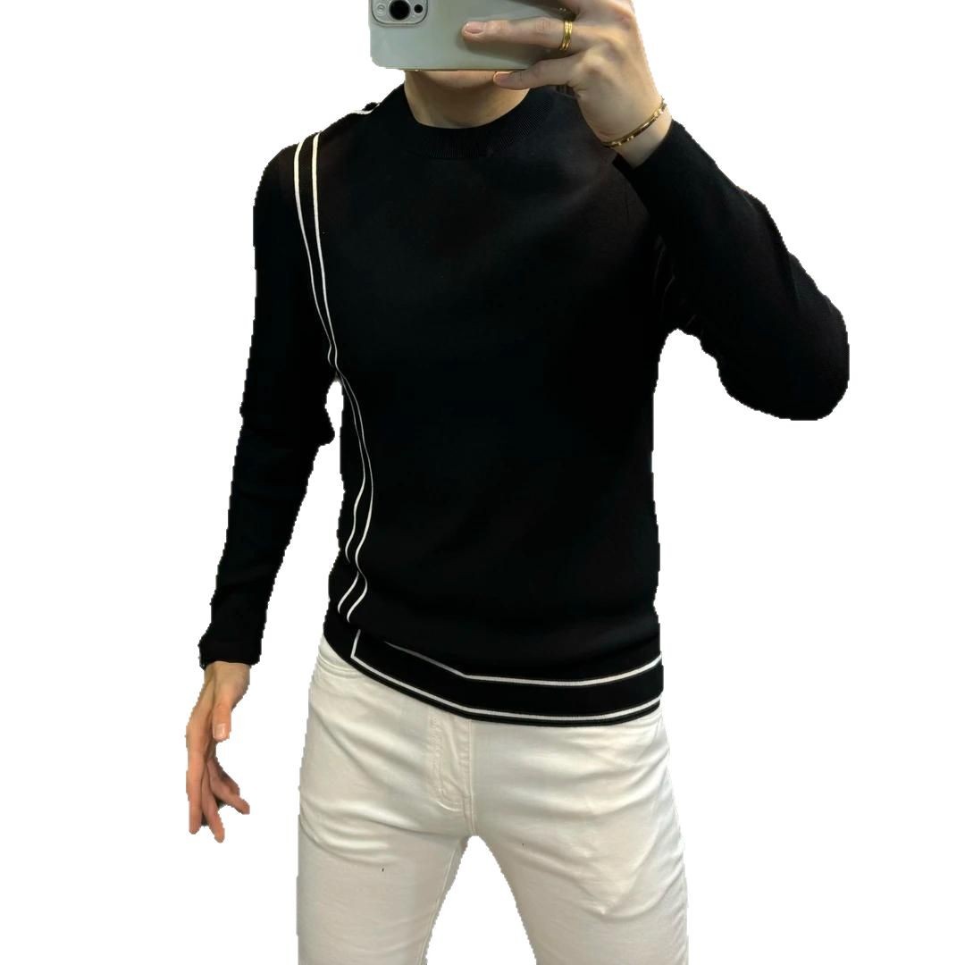 Autumn and Winter Color Contrast New Arrival Striped Light Luxury Round Neck Sweater Simple All-Match Fashion Slim-Fit Men's Sweater Long-Sleeved Trendy