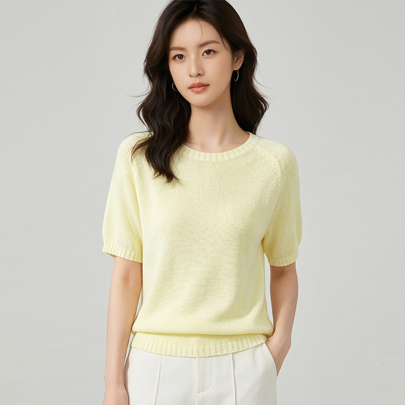 Japanese Paper Yarn Seamless Round Neck Short-Sleeved Knitwear for Women Summer Thin Breathable Casual Work Clothing Lyocell Tencel T-Shirt