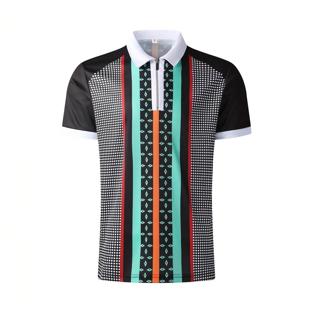 Camisa POLO con cremallera de manga corta suelta y transpirable con estampado 3D de rayas de contraste geométrico de personalidad caliente para hombres de negocios
