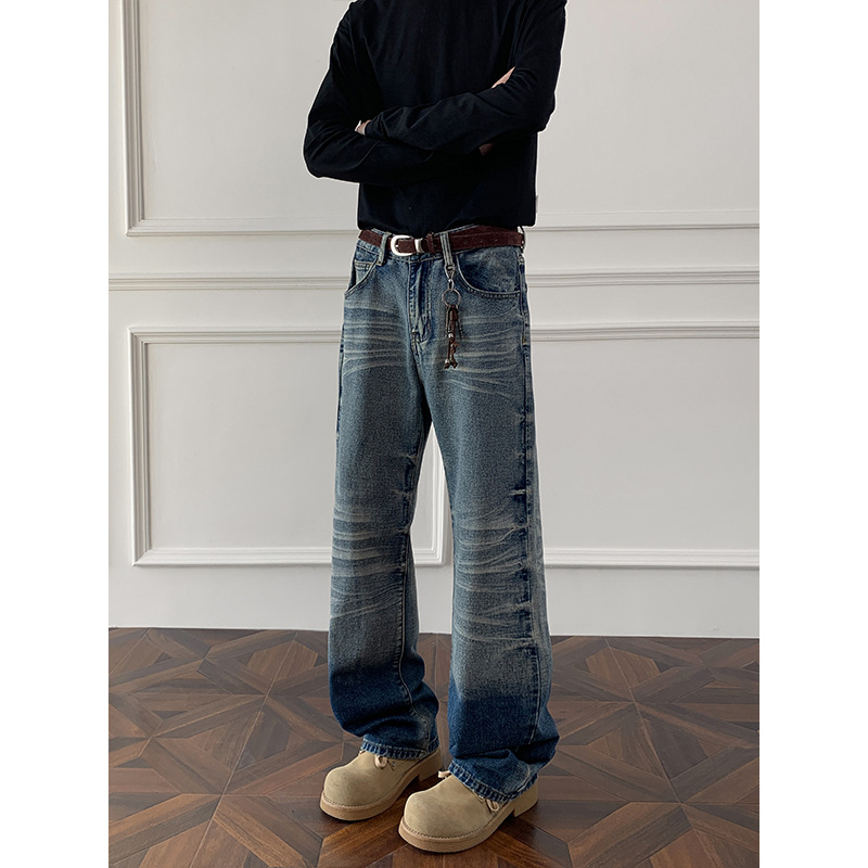 Cleanfit Cat Whisker Fade Jeans For Men - Retro Straight-Leg Denim Pants With Gradient Wash (Blue/Black, M-5XL)_voghion.com