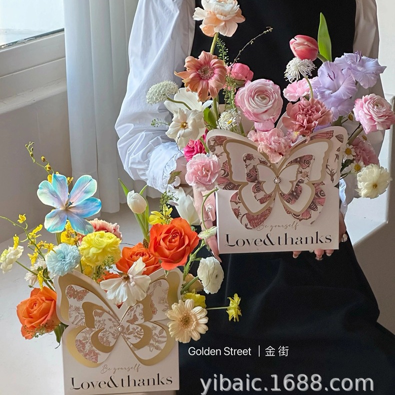 38妇女节手提花盒鲜花手提袋插花篮蝴蝶结花盒跨境货源花艺包装盒