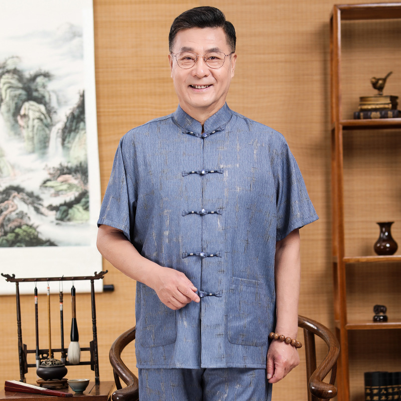 Men's Short-Sleeve Tang Suit Set with 3D Cut and Pocket Design, Smooth Fabric, Suitable for Weddings, Birthday Celebrations, and Casual Wear