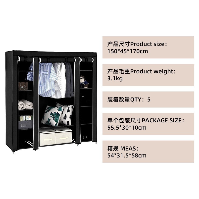 布ワードローブアセンブリ不織布防塵収納ワードローブ吊り下げシンプルなワードローブハンガースチールフレーム寮組み合わせ折りたたみキャビネット