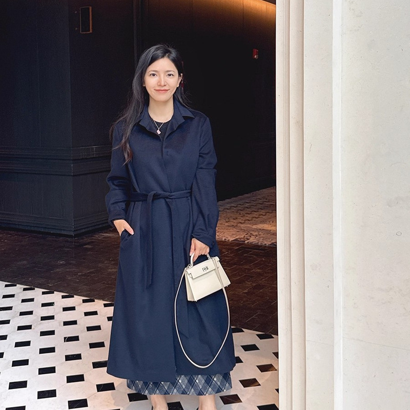 Elegant Endorsement French Luxury Gd Wool Mulberry Silk Navy Blue Long Outwear Jacket with Belt