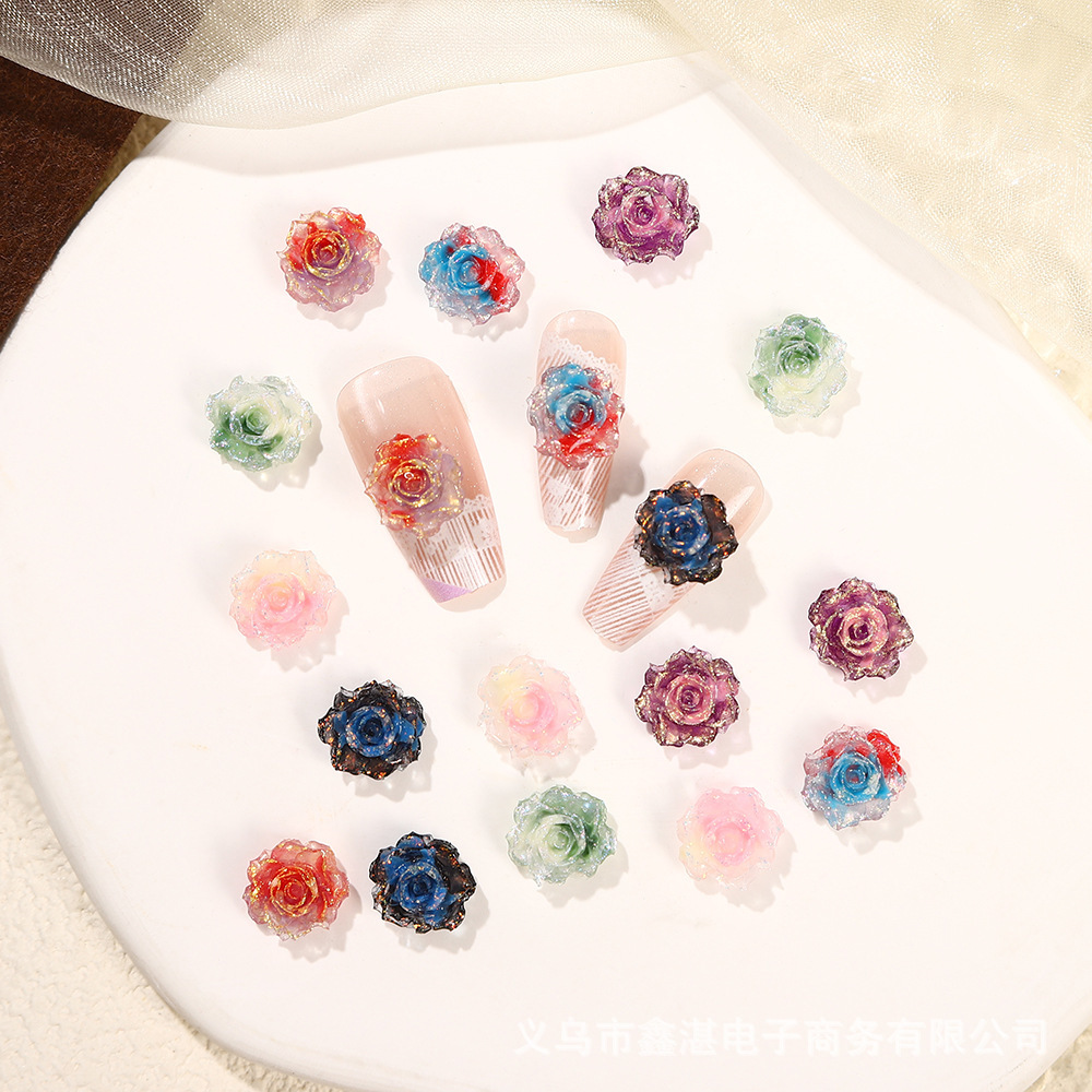 软胶月季美甲饰品夜光山茶花美甲配饰细闪树脂花diy手链饰品配件