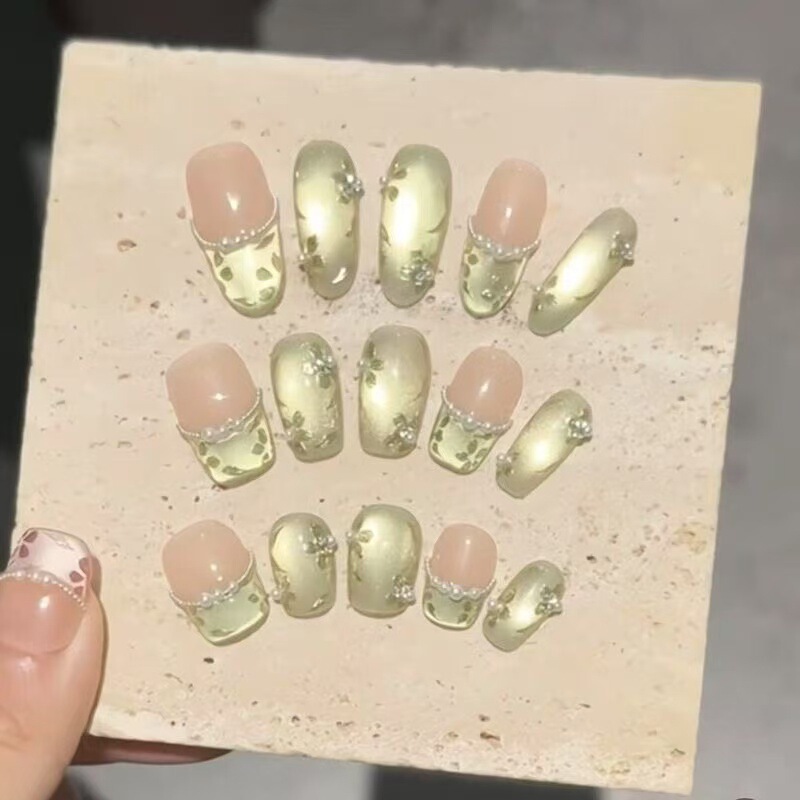 [Full of Spring] Spring and Summer Green Cat's Eye Armor Oval Manicure Handmade Clear Cat's Eye Armor