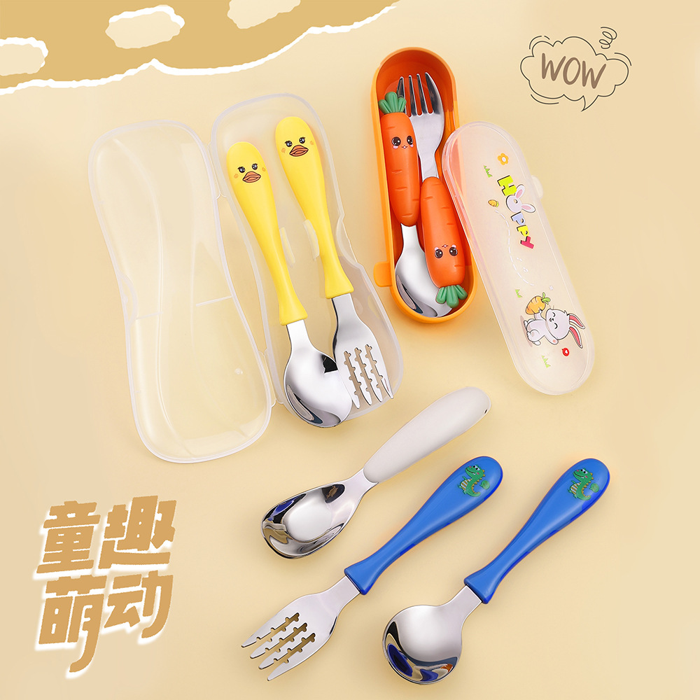 Wholesale 304 food supplement spoon fork baby training spoon stainless steel children's tableware suit storage box children's spoon