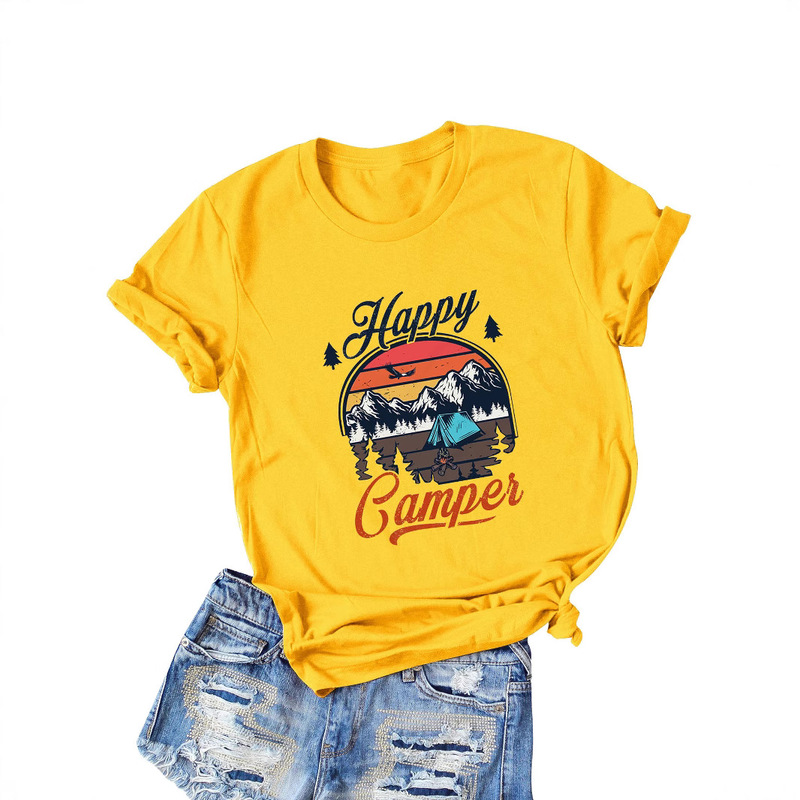 Happy Camper T-shirt funny cute Happy Camper graphic letter print casual round neck short sleeve t-shirt
