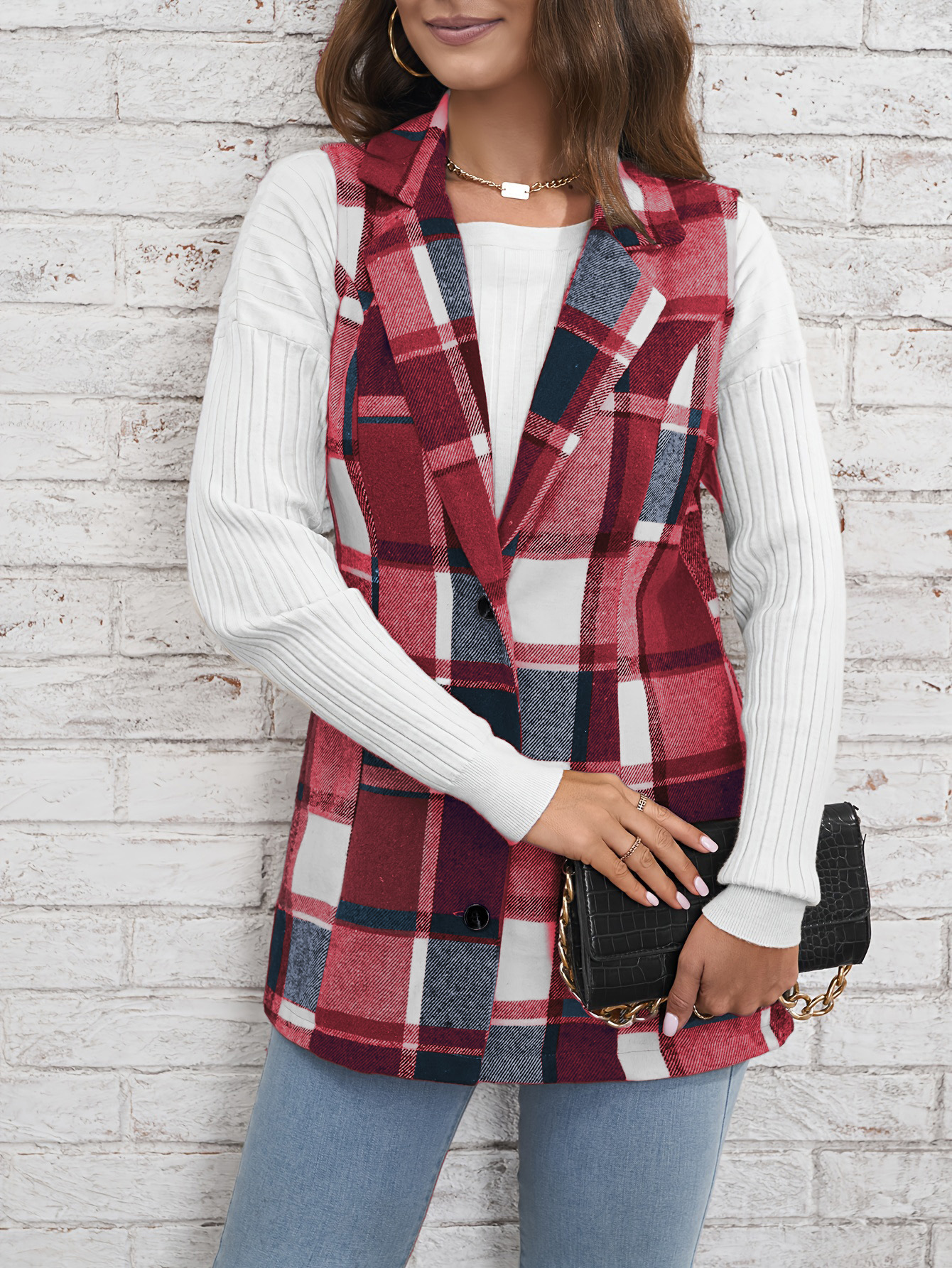 Fashion women‘s lapel suit vest plaid jacket